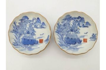 江戸後期〜幕末　伊万里　染付　山水図　約11cm　3.6寸　繊細な絵付けが食卓のアクセントになる小皿5枚セット(和皿、深皿、和食器、三寸六分)(R-072479)