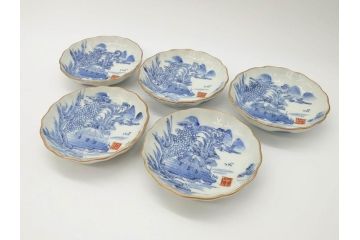 江戸後期〜幕末　伊万里　染付　山水図　約11cm　3.6寸　繊細な絵付けが食卓のアクセントになる小皿5枚セット(和皿、深皿、和食器、三寸六分)(R-072480)
