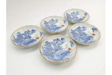 江戸後期〜幕末　伊万里　染付　山水図　約11cm　3.6寸　繊細な絵付けが食卓のアクセントになる小皿5枚セット(和皿、深皿、和食器、三寸六分)(R-072480)