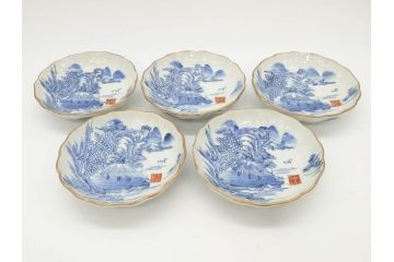 江戸後期〜幕末　伊万里　染付　山水図　約11cm　3.6寸　繊細な絵付けが食卓のアクセントになる小皿5枚セット(和皿、深皿、和食器、三寸六分)(R-072480)