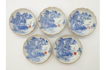江戸後期〜幕末　伊万里　染付　山水図　約11cm　3.6寸　繊細な絵付けが食卓のアクセントになる小皿5枚セット(和皿、深皿、和食器、三寸六分)(R-072480)