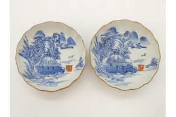 江戸後期〜幕末　伊万里　染付　山水図　約11cm　3.6寸　繊細な絵付けが食卓のアクセントになる小皿5枚セット(和皿、深皿、和食器、三寸六分)(R-072480)