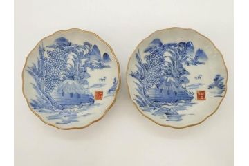 江戸後期〜幕末　伊万里　染付　山水図　約11cm　3.6寸　繊細な絵付けが食卓のアクセントになる小皿5枚セット(和皿、深皿、和食器、三寸六分)(R-072480)