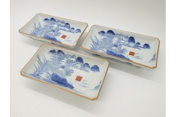江戸後期〜幕末　伊万里　染付　約21cm　6.7寸　大胆に描かれた山水図に魅了される長皿3枚セット(角皿、和皿、和食器、六寸七分)(R-072481)