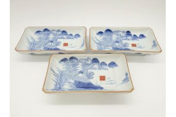 江戸後期〜幕末　伊万里　染付　約21cm　6.7寸　大胆に描かれた山水図に魅了される長皿3枚セット(角皿、和皿、和食器、六寸七分)(R-072481)