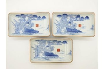 江戸後期〜幕末　伊万里　染付　約21cm　6.7寸　大胆に描かれた山水図に魅了される長皿3枚セット(角皿、和皿、和食器、六寸七分)(R-072481)