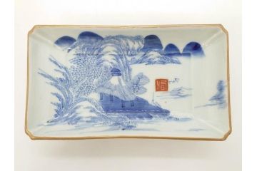 江戸後期〜幕末　伊万里　染付　約21cm　6.7寸　大胆に描かれた山水図に魅了される長皿3枚セット(角皿、和皿、和食器、六寸七分)(R-072481)