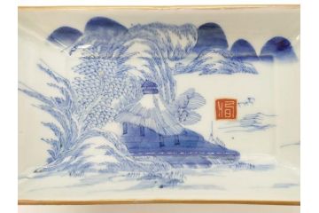 江戸後期〜幕末　伊万里　染付　約21cm　6.7寸　大胆に描かれた山水図に魅了される長皿3枚セット(角皿、和皿、和食器、六寸七分)(R-072481)