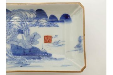 江戸後期〜幕末　伊万里　染付　約21cm　6.7寸　大胆に描かれた山水図に魅了される長皿3枚セット(角皿、和皿、和食器、六寸七分)(R-072481)