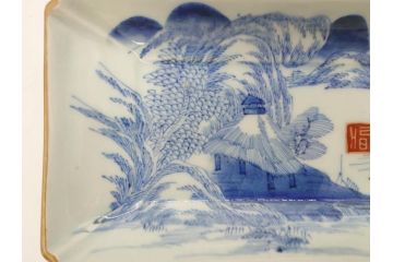 江戸後期〜幕末　伊万里　染付　約21cm　6.7寸　大胆に描かれた山水図に魅了される長皿3枚セット(角皿、和皿、和食器、六寸七分)(R-072481)