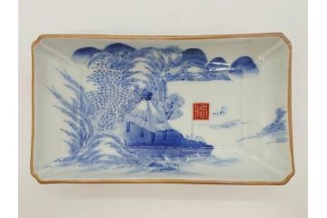 江戸後期〜幕末　伊万里　染付　約21cm　6.7寸　大胆に描かれた山水図に魅了される長皿3枚セット(角皿、和皿、和食器、六寸七分)(R-072481)