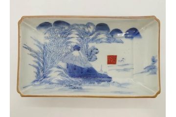 江戸後期〜幕末　伊万里　染付　約21cm　6.7寸　大胆に描かれた山水図に魅了される長皿3枚セット(角皿、和皿、和食器、六寸七分)(R-072481)