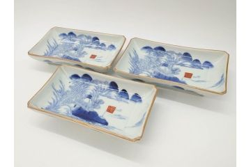 江戸後期〜幕末　伊万里　染付　約21cm　6.7寸　大胆に描かれた山水図に魅了される長皿3枚セット(角皿、和皿、和食器、六寸七分)(R-072482)