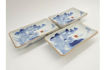江戸後期〜幕末　伊万里　染付　約21cm　6.7寸　大胆に描かれた山水図に魅了される長皿3枚セット(角皿、和皿、和食器、六寸七分)(R-072482)