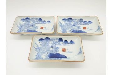 江戸後期〜幕末　伊万里　染付　約21cm　6.7寸　大胆に描かれた山水図に魅了される長皿3枚セット(角皿、和皿、和食器、六寸七分)(R-072482)