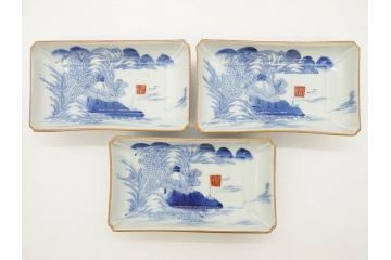 江戸後期〜幕末　伊万里　染付　約21cm　6.7寸　大胆に描かれた山水図に魅了される長皿3枚セット(角皿、和皿、和食器、六寸七分)(R-072482)