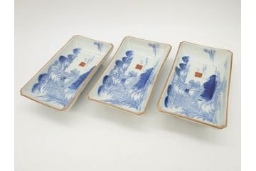 江戸後期〜幕末　伊万里　染付　約21cm　6.7寸　大胆に描かれた山水図に魅了される長皿3枚セット(角皿、和皿、和食器、六寸七分)(R-072482)