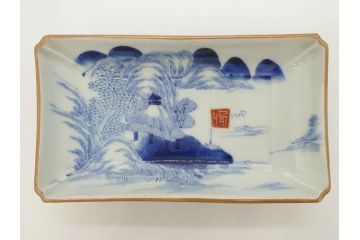 江戸後期〜幕末　伊万里　染付　約21cm　6.7寸　大胆に描かれた山水図に魅了される長皿3枚セット(角皿、和皿、和食器、六寸七分)(R-072482)