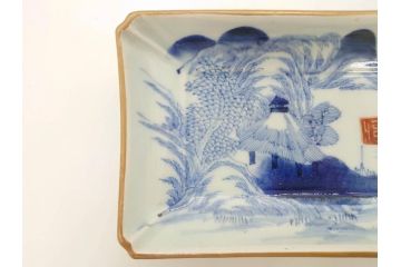江戸後期〜幕末　伊万里　染付　約21cm　6.7寸　大胆に描かれた山水図に魅了される長皿3枚セット(角皿、和皿、和食器、六寸七分)(R-072482)