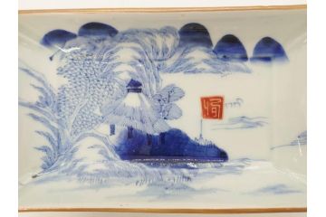 江戸後期〜幕末　伊万里　染付　約21cm　6.7寸　大胆に描かれた山水図に魅了される長皿3枚セット(角皿、和皿、和食器、六寸七分)(R-072482)