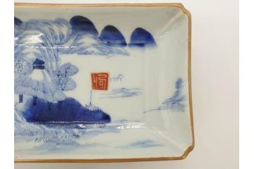 江戸後期〜幕末　伊万里　染付　約21cm　6.7寸　大胆に描かれた山水図に魅了される長皿3枚セット(角皿、和皿、和食器、六寸七分)(R-072482)