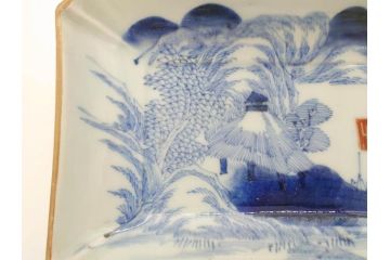江戸後期〜幕末　伊万里　染付　約21cm　6.7寸　大胆に描かれた山水図に魅了される長皿3枚セット(角皿、和皿、和食器、六寸七分)(R-072482)