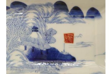 江戸後期〜幕末　伊万里　染付　約21cm　6.7寸　大胆に描かれた山水図に魅了される長皿3枚セット(角皿、和皿、和食器、六寸七分)(R-072482)