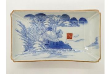 江戸後期〜幕末　伊万里　染付　約21cm　6.7寸　大胆に描かれた山水図に魅了される長皿3枚セット(角皿、和皿、和食器、六寸七分)(R-072482)