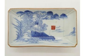 江戸後期〜幕末　伊万里　染付　約21cm　6.7寸　大胆に描かれた山水図に魅了される長皿3枚セット(角皿、和皿、和食器、六寸七分)(R-072482)
