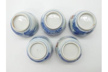 江戸後期〜幕末　伊万里　染付　山水図　金の縁となめらかなフォルムが素敵な猪口5客セット(おちょこ、ぐい呑み、酒器、和食器)(R-072484)
