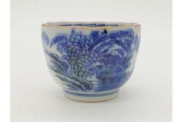 江戸後期〜幕末　伊万里　染付　山水図　金の縁となめらかなフォルムが素敵な猪口5客セット(おちょこ、ぐい呑み、酒器、和食器)(R-072484)