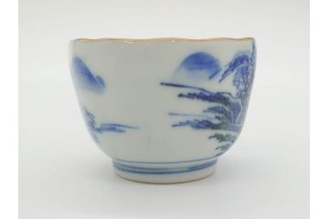 江戸後期〜幕末　伊万里　染付　山水図　金の縁となめらかなフォルムが素敵な猪口5客セット(おちょこ、ぐい呑み、酒器、和食器)(R-072484)