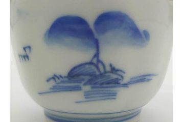 江戸後期〜幕末　伊万里　染付　山水図　金の縁となめらかなフォルムが素敵な猪口5客セット(おちょこ、ぐい呑み、酒器、和食器)(R-072484)