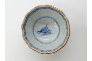 江戸後期〜幕末　伊万里　染付　山水図　金の縁となめらかなフォルムが素敵な猪口5客セット(おちょこ、ぐい呑み、酒器、和食器)(R-072484)