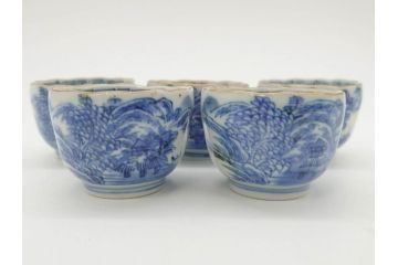江戸後期〜幕末　伊万里　染付　山水図　金の縁となめらかなフォルムが素敵な猪口5客セット(おちょこ、ぐい呑み、酒器、和食器)(R-072485)