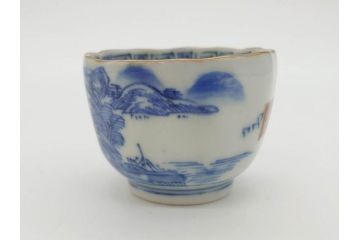 江戸後期〜幕末　伊万里　染付　山水図　金の縁となめらかなフォルムが素敵な猪口5客セット(おちょこ、ぐい呑み、酒器、和食器)(R-072485)