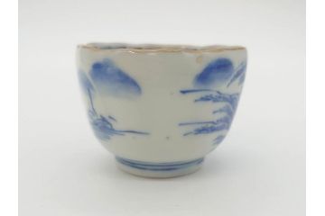江戸後期〜幕末　伊万里　染付　山水図　金の縁となめらかなフォルムが素敵な猪口5客セット(おちょこ、ぐい呑み、酒器、和食器)(R-072485)