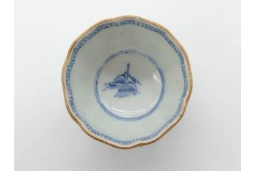 江戸後期〜幕末　伊万里　染付　山水図　金の縁となめらかなフォルムが素敵な猪口5客セット(おちょこ、ぐい呑み、酒器、和食器)(R-072485)
