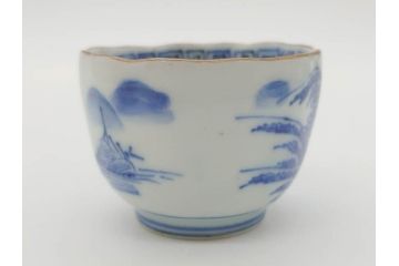 江戸後期〜幕末　伊万里　染付　山水図　金の縁となめらかなフォルムが素敵な猪口5客セット(おちょこ、ぐい呑み、酒器、和食器)(R-072486)