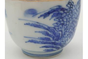 江戸後期〜幕末　伊万里　染付　山水図　金の縁となめらかなフォルムが素敵な猪口5客セット(おちょこ、ぐい呑み、酒器、和食器)(R-072486)