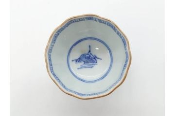 江戸後期〜幕末　伊万里　染付　山水図　金の縁となめらかなフォルムが素敵な猪口5客セット(おちょこ、ぐい呑み、酒器、和食器)(R-072486)