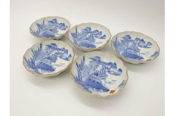 江戸後期〜幕末　伊万里　染付　山水図　約14cm　4.4寸　細やかな意匠が施された上品な雰囲気を高めるなます皿5枚セット(深皿、和皿、和食器、四寸四分)(R-072487)