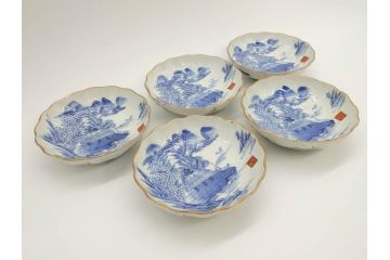 江戸後期〜幕末　伊万里　染付　山水図　約14cm　4.4寸　細やかな意匠が施された上品な雰囲気を高めるなます皿5枚セット(深皿、和皿、和食器、四寸四分)(R-072487)