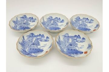 江戸後期〜幕末　伊万里　染付　山水図　約14cm　4.4寸　細やかな意匠が施された上品な雰囲気を高めるなます皿5枚セット(深皿、和皿、和食器、四寸四分)(R-072487)