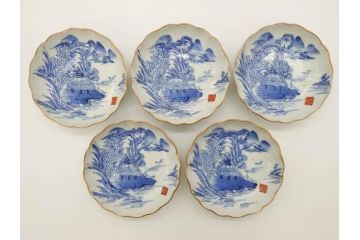 江戸後期〜幕末　伊万里　染付　山水図　約14cm　4.4寸　細やかな意匠が施された上品な雰囲気を高めるなます皿5枚セット(深皿、和皿、和食器、四寸四分)(R-072487)