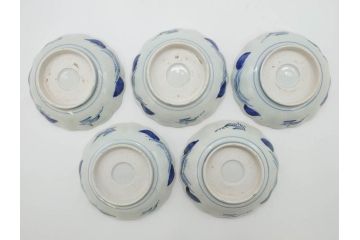 江戸後期〜幕末　伊万里　染付　山水図　約14cm　4.4寸　細やかな意匠が施された上品な雰囲気を高めるなます皿5枚セット(深皿、和皿、和食器、四寸四分)(R-072487)