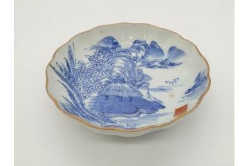 江戸後期〜幕末　伊万里　染付　山水図　約14cm　4.4寸　細やかな意匠が施された上品な雰囲気を高めるなます皿5枚セット(深皿、和皿、和食器、四寸四分)(R-072487)