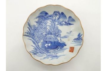 江戸後期〜幕末　伊万里　染付　山水図　約14cm　4.4寸　細やかな意匠が施された上品な雰囲気を高めるなます皿5枚セット(深皿、和皿、和食器、四寸四分)(R-072487)