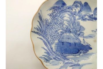 江戸後期〜幕末　伊万里　染付　山水図　約14cm　4.4寸　細やかな意匠が施された上品な雰囲気を高めるなます皿5枚セット(深皿、和皿、和食器、四寸四分)(R-072487)