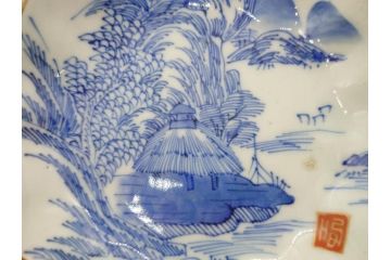 江戸後期〜幕末　伊万里　染付　山水図　約14cm　4.4寸　細やかな意匠が施された上品な雰囲気を高めるなます皿5枚セット(深皿、和皿、和食器、四寸四分)(R-072487)